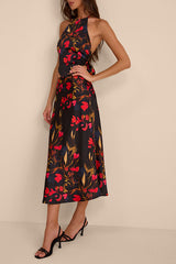 Jules Black Multi Floral Satin Two-Piece Midi Dress