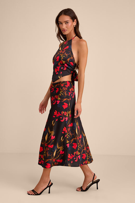 Jules Black Multi Floral Satin Two-Piece Midi Dress