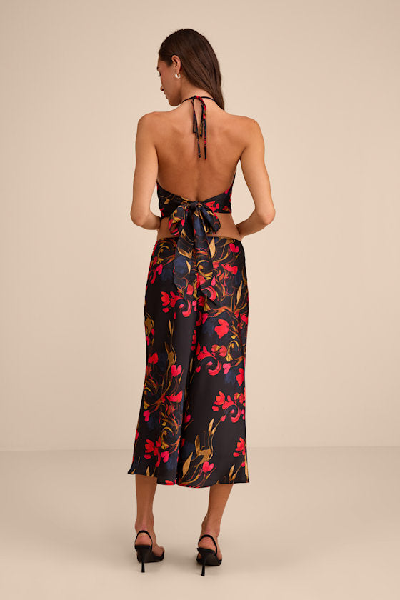 Jules Black Multi Floral Satin Two-Piece Midi Dress