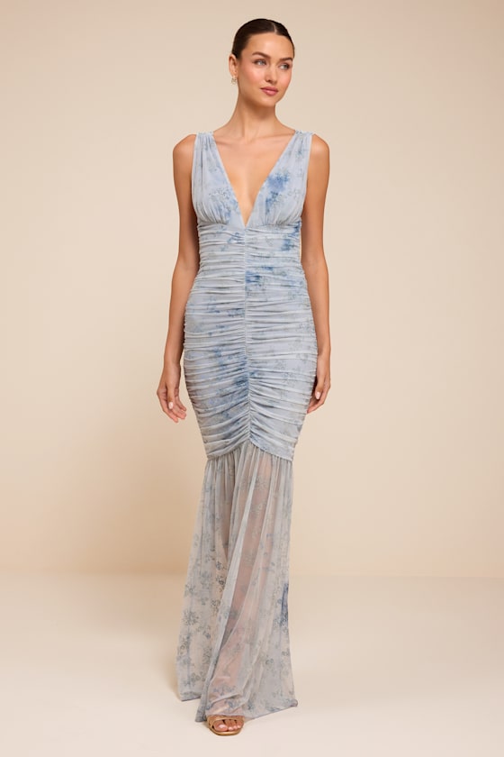 Jamie Light Blue Floral Mesh Sheer Hem Maxi Dress