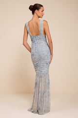 Jamie Light Blue Floral Mesh Sheer Hem Maxi Dress