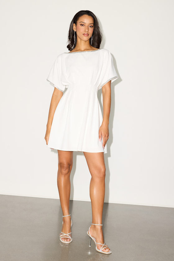 Dessen White Rhinestone Trim Short Sleeve Mini Dress