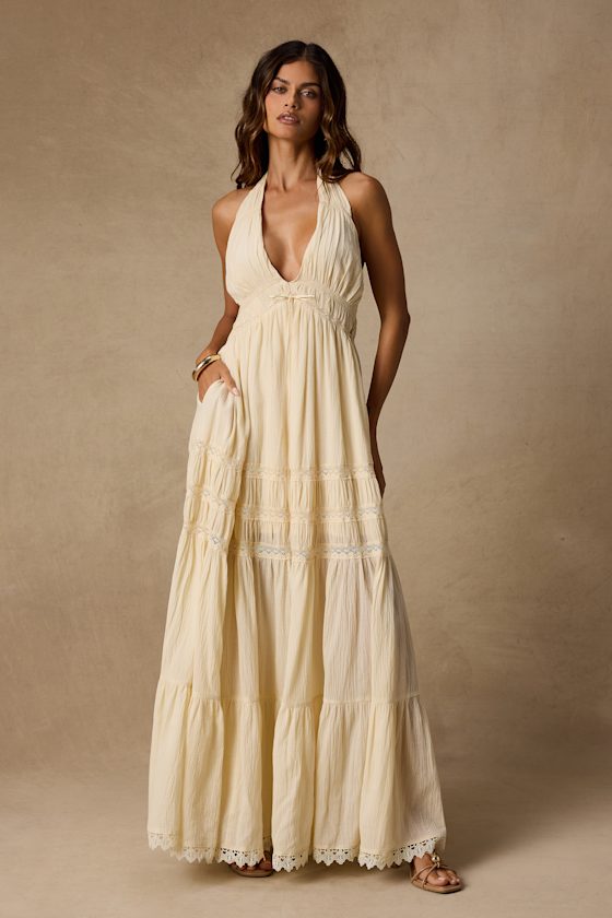 Annie Cream Halter Tiered Cotton Maxi Dress