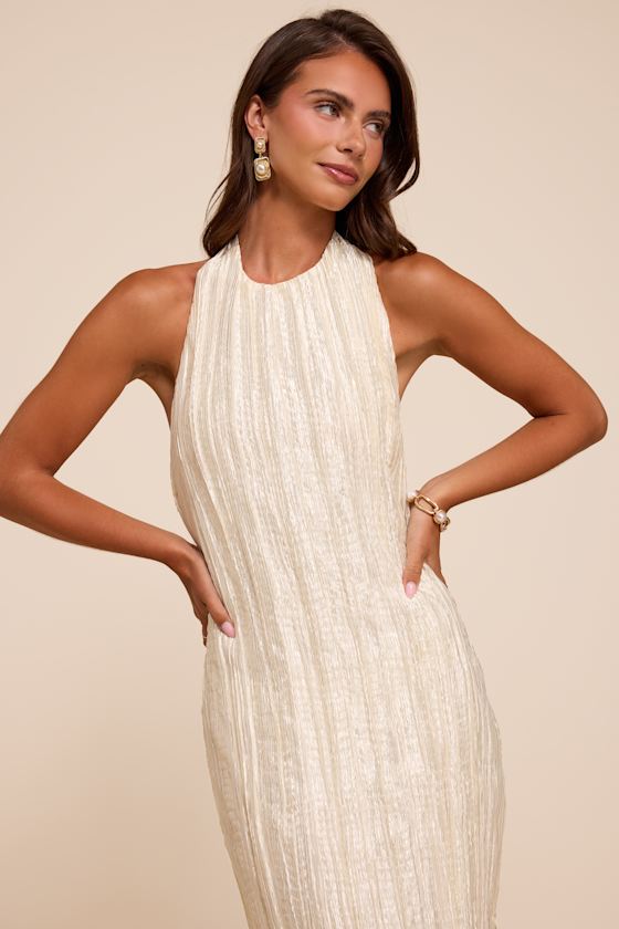 Joya Cream Plisse Halter Midi Dress