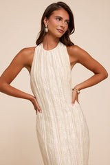 Joya Cream Plisse Halter Midi Dress