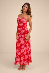 Vesta Red Floral Cowl Neck Maxi Dress