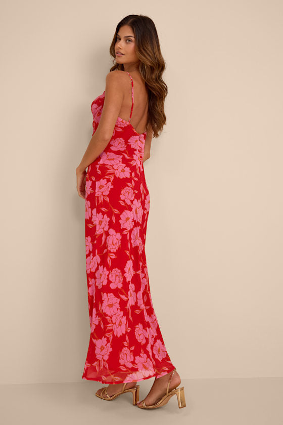 Vesta Red Floral Cowl Neck Maxi Dress