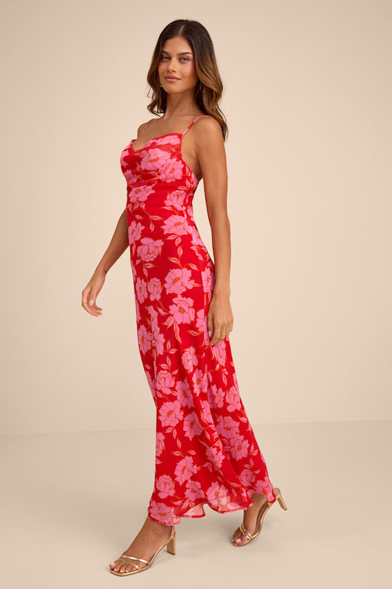 Vesta Red Floral Cowl Neck Maxi Dress