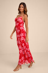 Vesta Red Floral Cowl Neck Maxi Dress