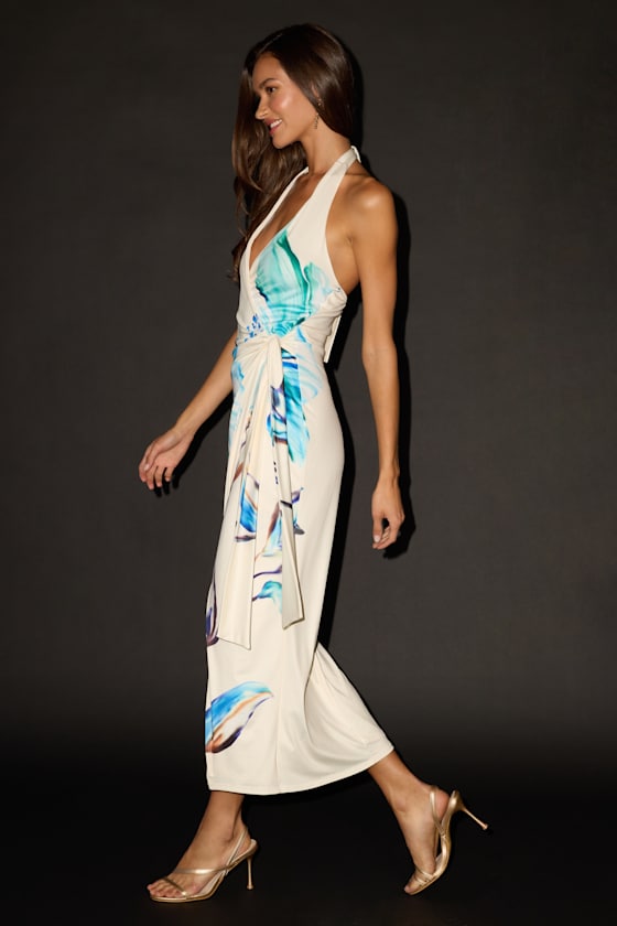 Mirita White Floral Jersey Knit Wrap Midi Dress