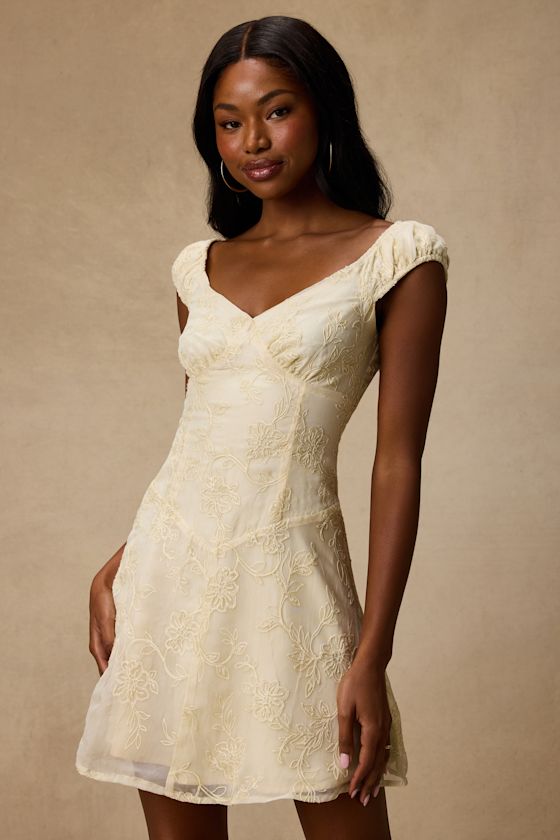 Aura Pale Yellow Embroidered Mini Dress