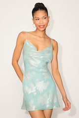 Elekta Mint Blue Floral Jacquard Cowl Mini Dress