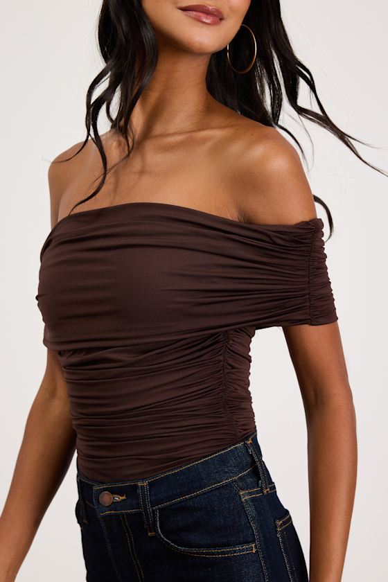 Jarena Dark Brown Ruched Off-the-Shoulder Top