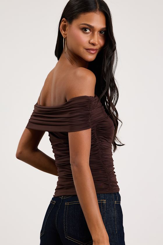 Jarena Dark Brown Ruched Off-the-Shoulder Top