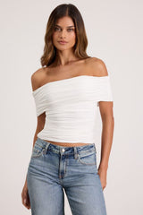 Jarena White Ruched Off-the-Shoulder Top