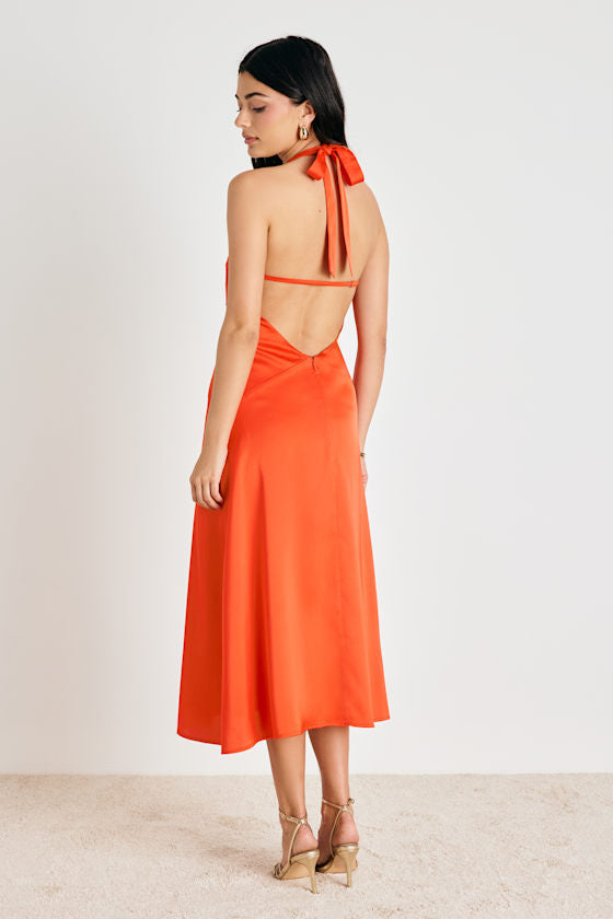 Deva Orange Satin Halter Midi Dress