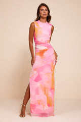 Aldea Light Pink Multi Mesh Mock Neck Maxi Dress
