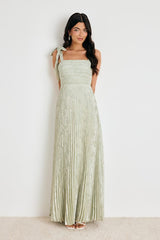 Cahlia Sage Floral Burnout Pleated Maxi Dress