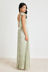 Cahlia Sage Floral Burnout Pleated Maxi Dress