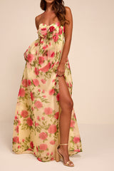 Ember Light Yellow Floral Organza Strapless Maxi Dress