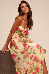 Ember Light Yellow Floral Organza Strapless Maxi Dress