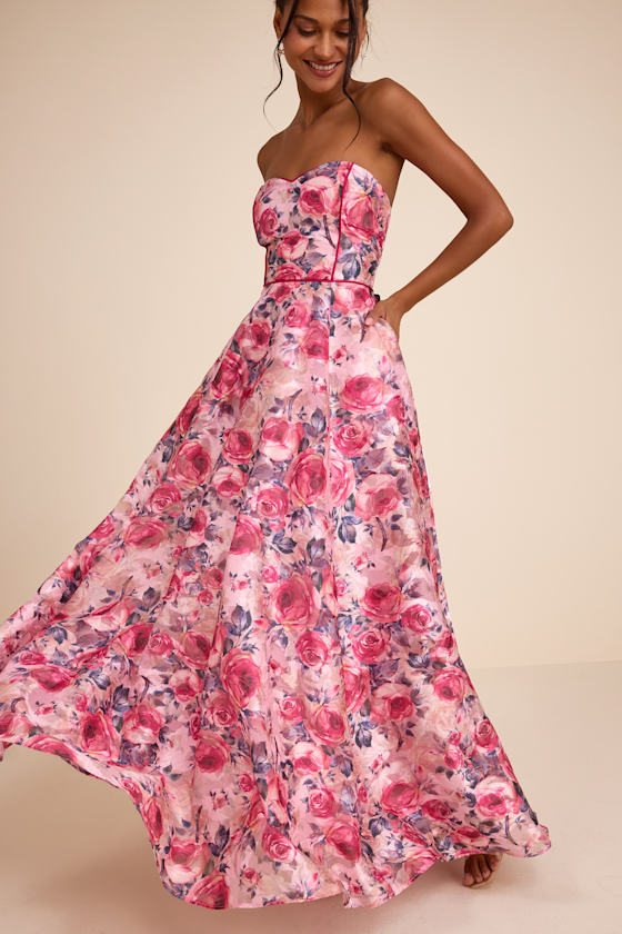 Avaia Pink Floral Strapless Maxi Dress