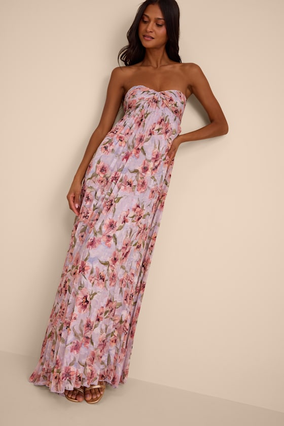 Nola Lavender Floral Pleated Strapless Maxi Dress