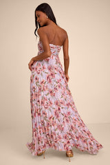Nola Lavender Floral Pleated Strapless Maxi Dress