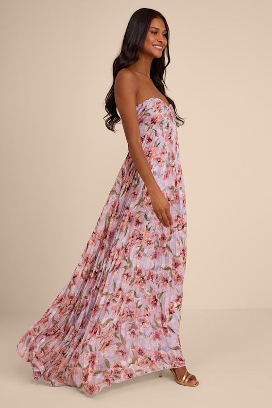 Nola Lavender Floral Pleated Strapless Maxi Dress