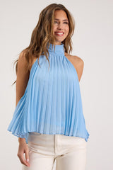 Twyla Light Blue Pleated Halter Tank Top