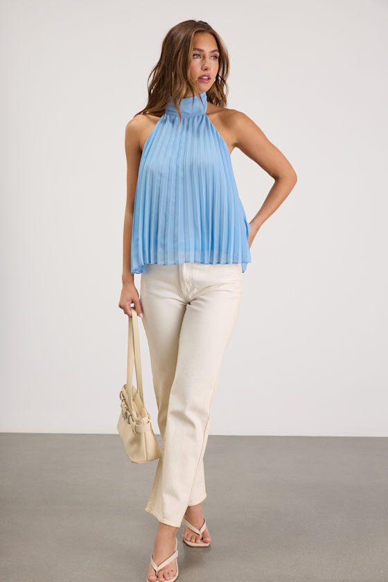Twyla Light Blue Pleated Halter Tank Top