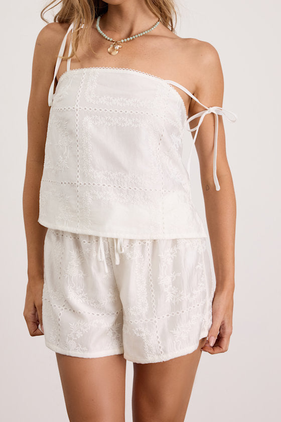 Misa White Embroidered Tie-Strap Tank Top