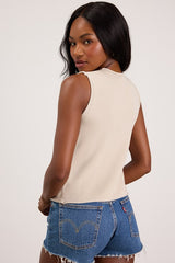 Jayla Beige Embroidered Button-Front Sweater Top