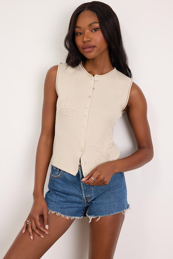 Jayla Beige Embroidered Button-Front Sweater Top