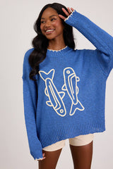 Montauk Blue Embroidered Pullover Sweater