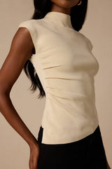 Terry Light Beige Mock Neck Asymmetrical Sweater Top