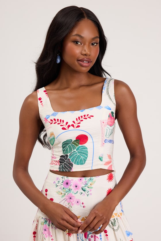 Fabella White Multi Print Textured Tank Top