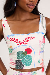 Fabella White Multi Print Textured Tank Top