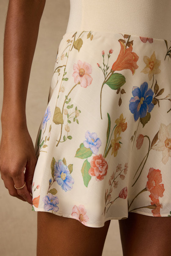Solenne Cream Multi Floral High-Rise Mini Skirt