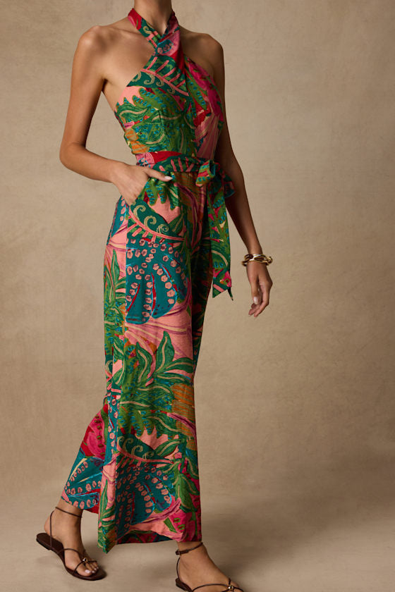 Mar Alto Pink Multi Leaf Print Wide-Leg Jumpsuit