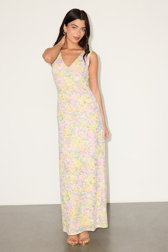 Earhart Yellow Multi Floral Mesh Maxi Dress