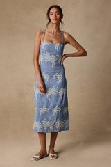 Destin Light Blue Embroidered Lace-Up Midi Dress