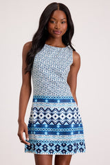 Leabella White and Blue Geo Print Satin Mini Dress