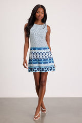 Leabella White and Blue Geo Print Satin Mini Dress
