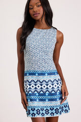 Leabella White and Blue Geo Print Satin Mini Dress