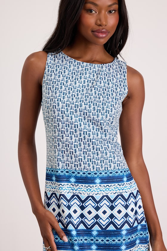 Leabella White and Blue Geo Print Satin Mini Dress