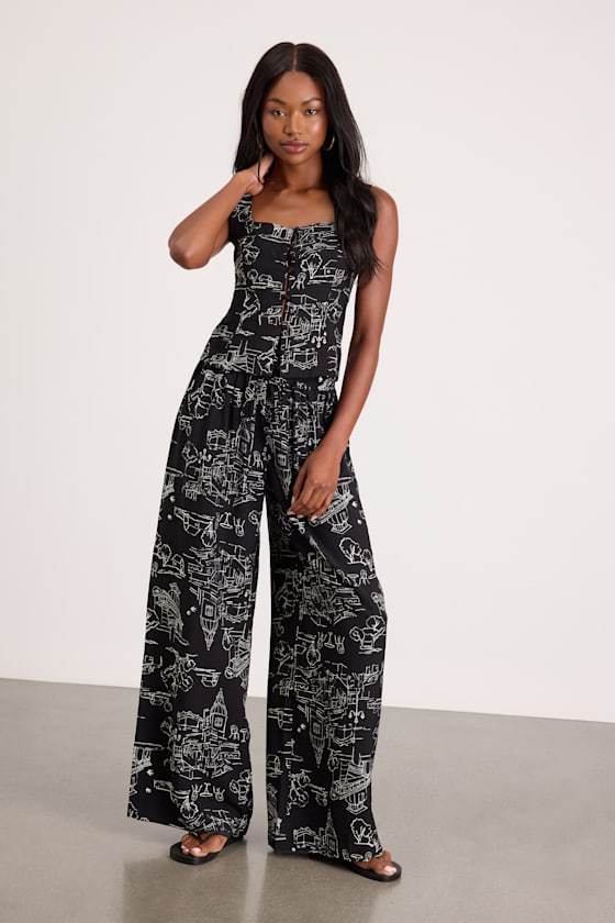 Ravia Black Print Wide-Leg Pants