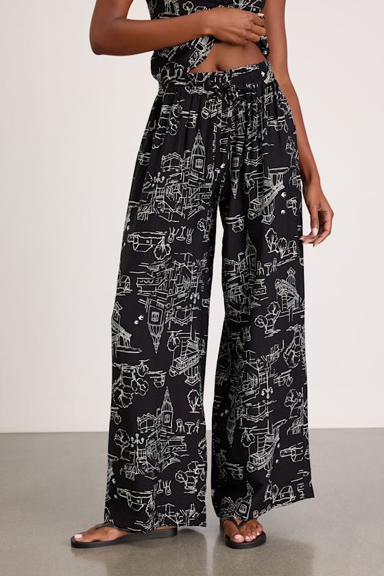 Ravia Black Print Wide-Leg Pants