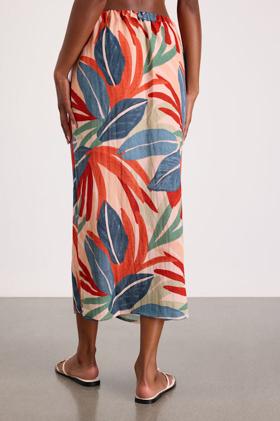 Blake Orange Multi Leaf Print Faux-Wrap Midi Skirt