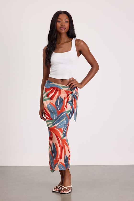 Blake Orange Multi Leaf Print Faux-Wrap Midi Skirt